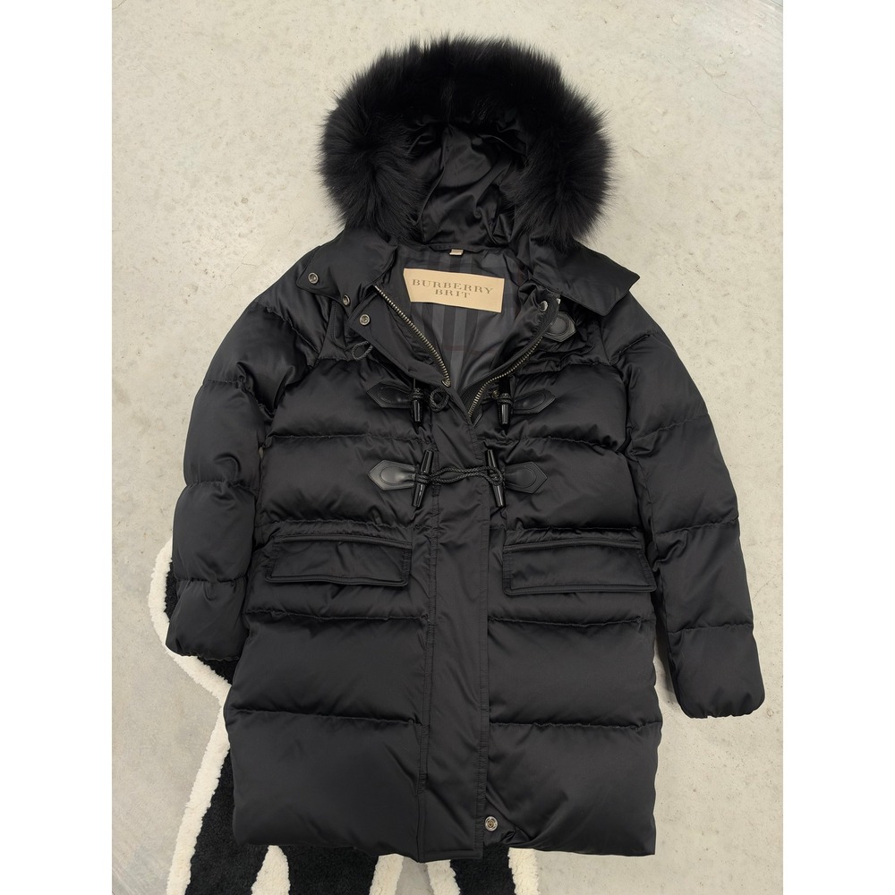 Burberry Brit Black Down Puffer Coat Real Fur Trim Hood Toggle Parka XS
